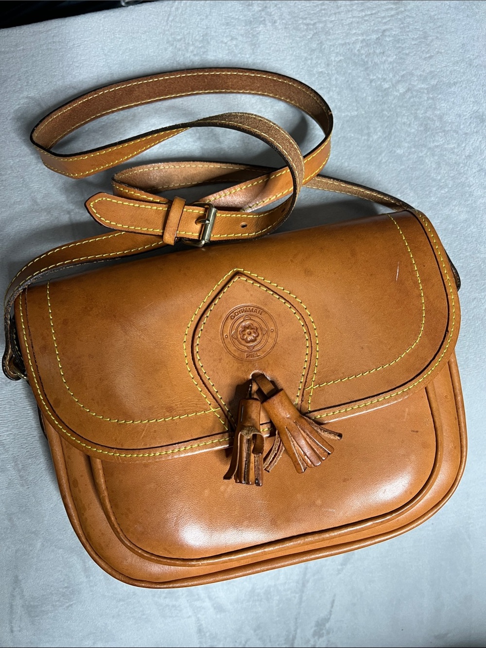 Tan Leather Goypaman Piel Crossbody Camera Saddle Bag with Tassel Accent
